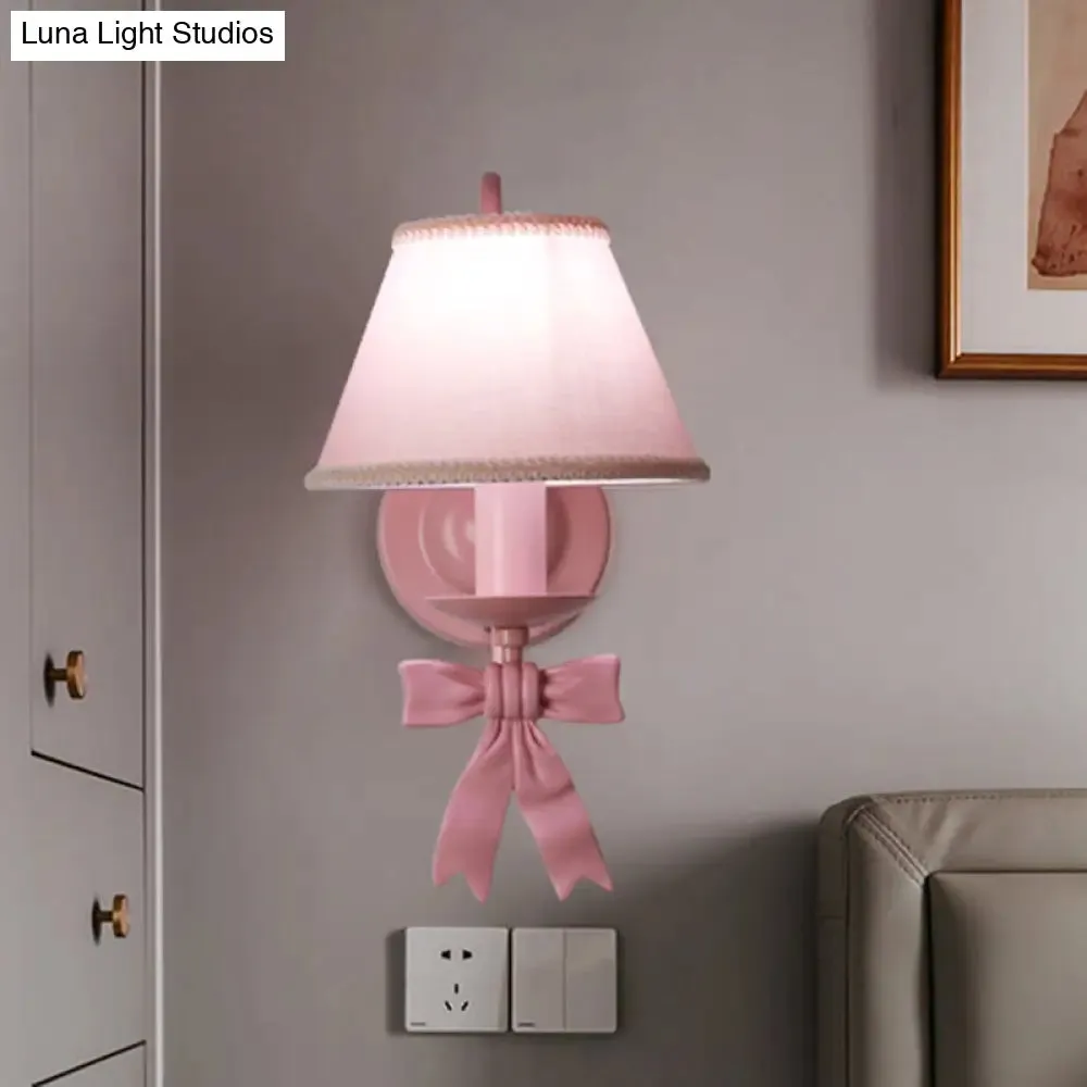 Macaron Pink Bow Wall Lamp with Fabric Shade - Bedroom Wall Mounted Light