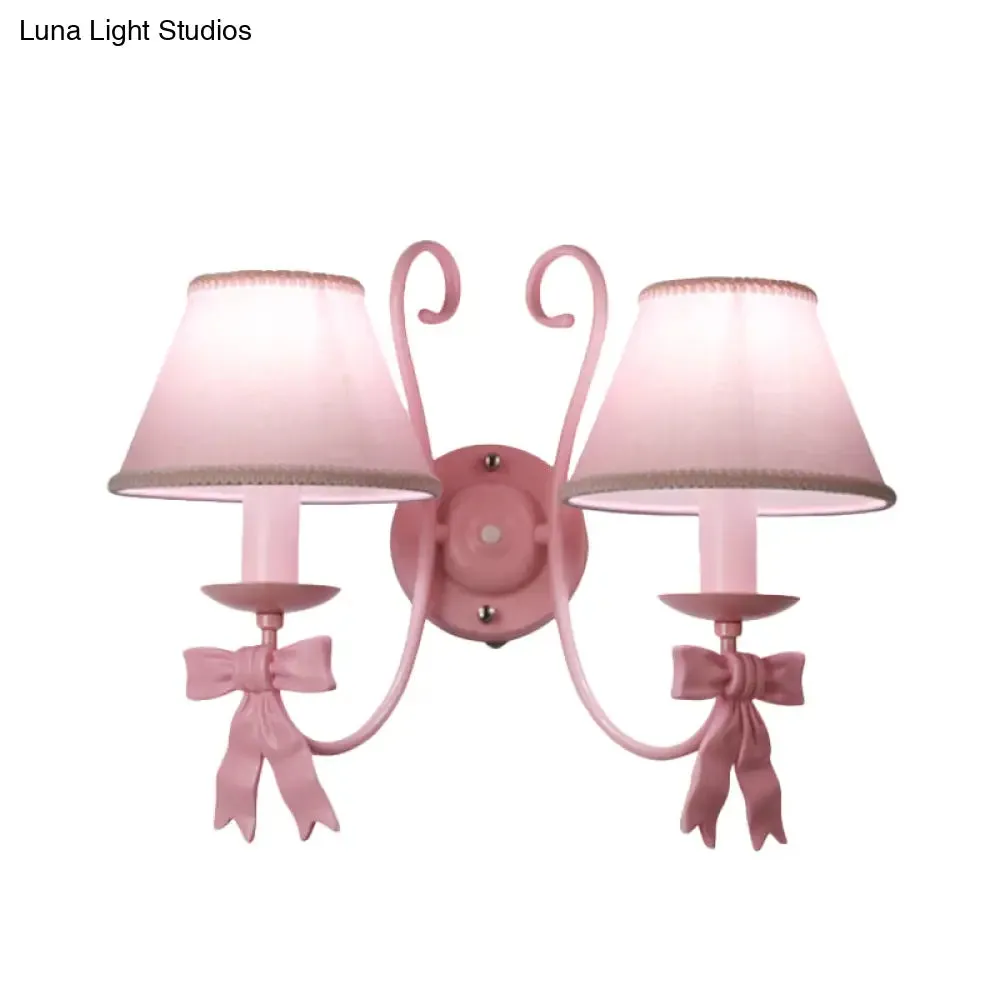 Macaron Pink Bow Wall Lamp with Fabric Shade - Bedroom Wall Mounted Light