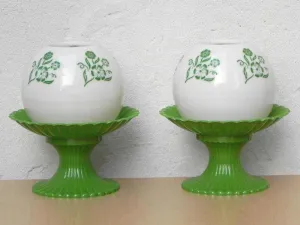 Pair Green & White Globe Floral Dresser Lamps