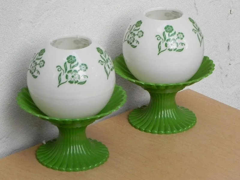 Pair Green & White Globe Floral Dresser Lamps