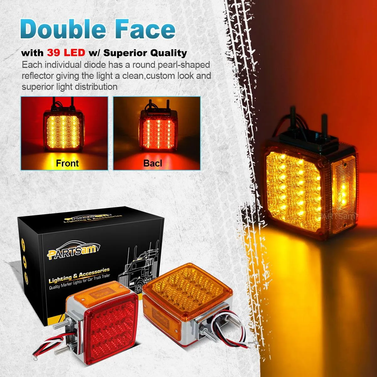 Partsam 2x Truck Trailer Square Double Face Pedestal Stop Turn Tail Light Amber / Red 39 LED for Trucks