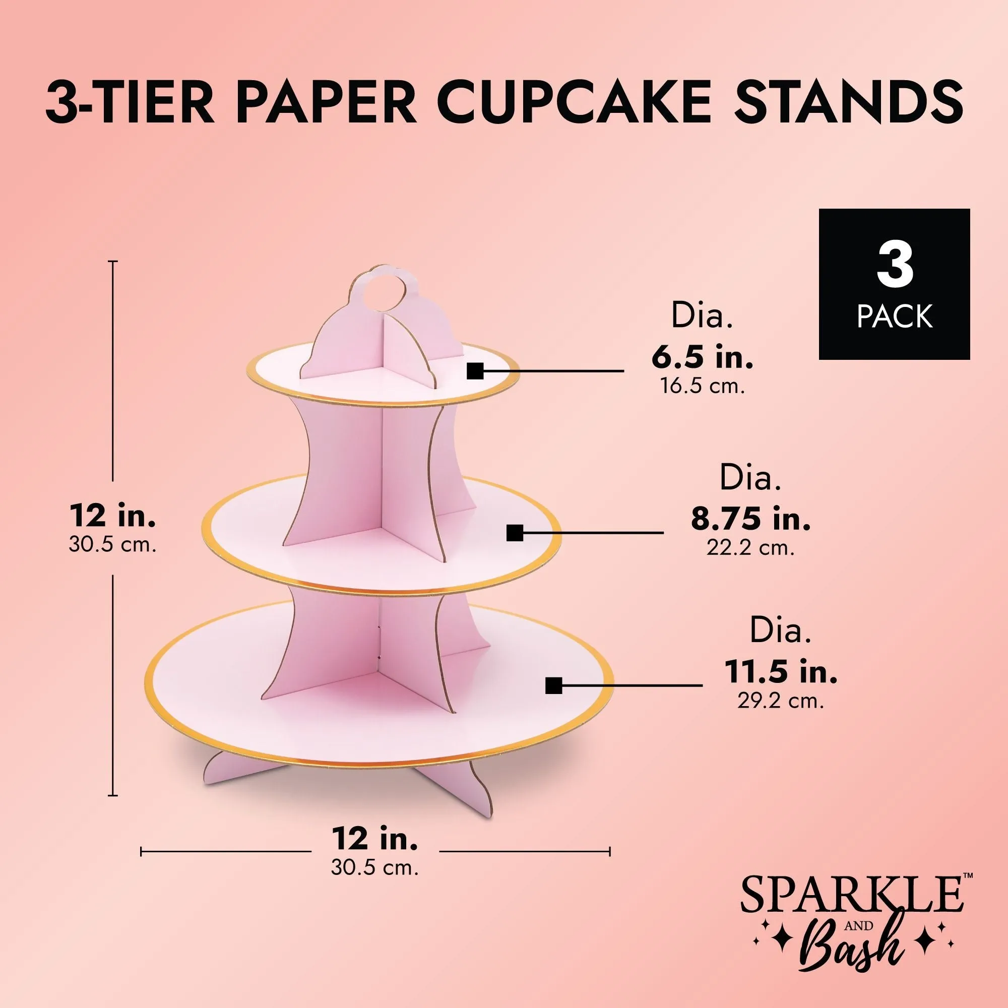 Pink 3-Tiered Cupcake Holders for Girl Baby Showers, Birthday Party (3 pack)