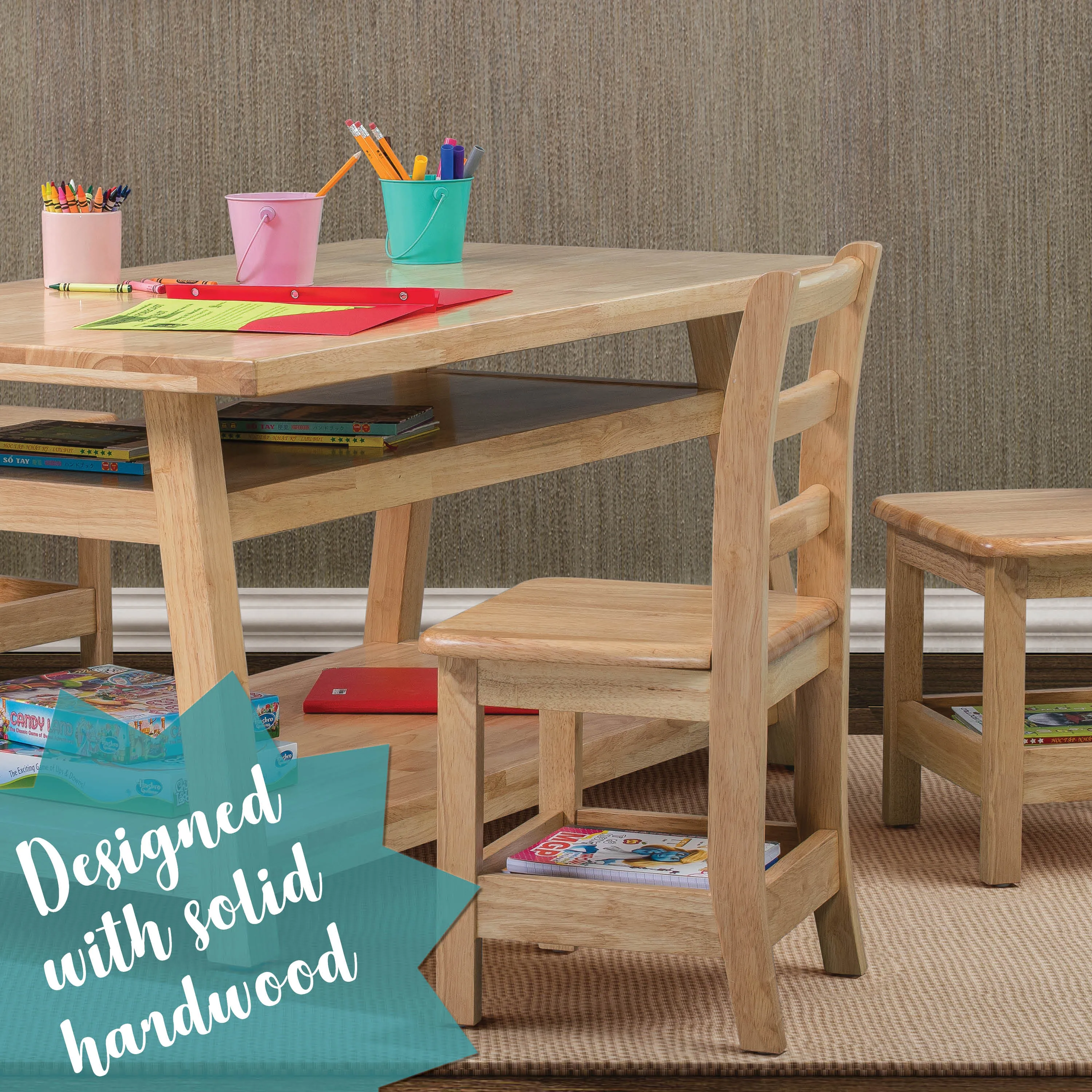 Sit n' Stash Solid Hardwood Trestle Table with Storage for Kids Playrooms