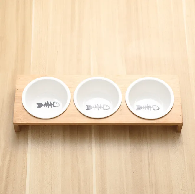 Stylish Bamboo and Ceramic Cat Dog Feeder Bowls