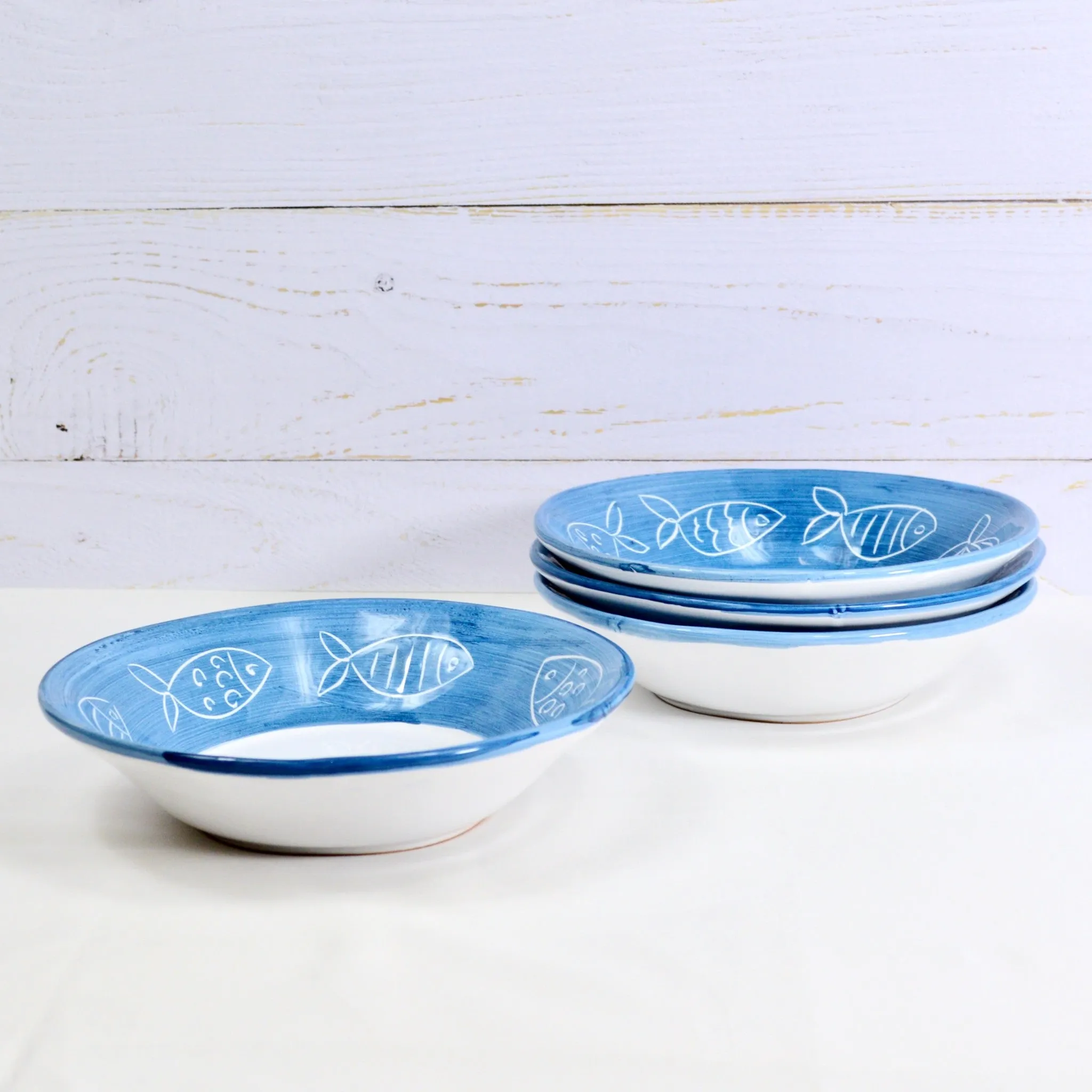 Tuscan Ceramic Pasta Bowls, Fish Design, Set of 2