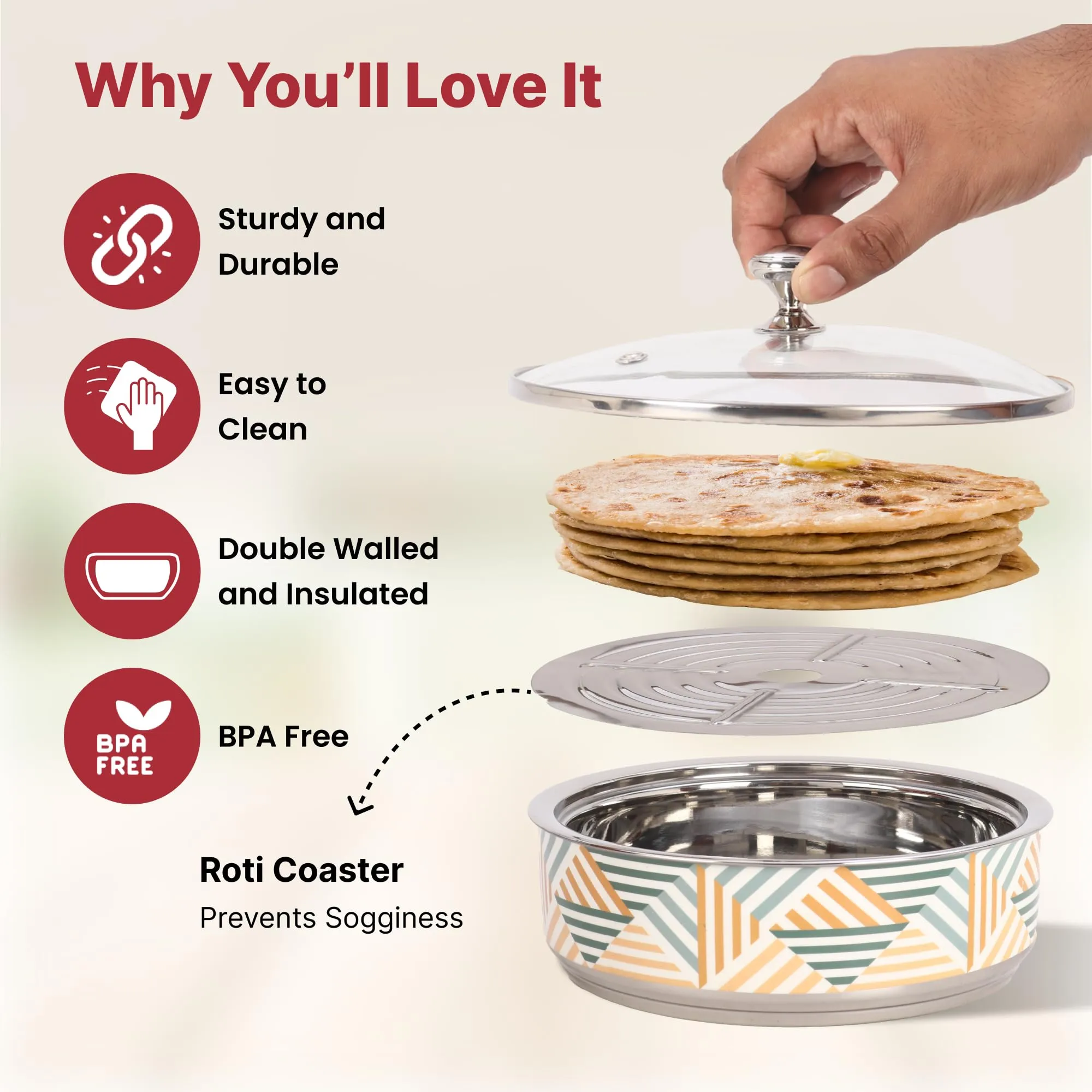 USHA SHRIRAM Insulated Casserole for Roti (1500ml) |Stainless Steel Hot Roti Box | Chapati Box for Kitchen | Serving Bowl Set | Hot Boxes for Kitchen | Curry Bowls for Serving | Kitchen Gift Items