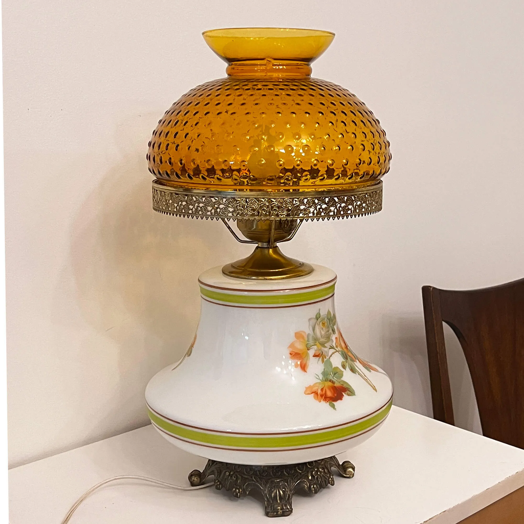 Vintage White Floral Hurricane Lamp, Amber Hobnail Glass Shade