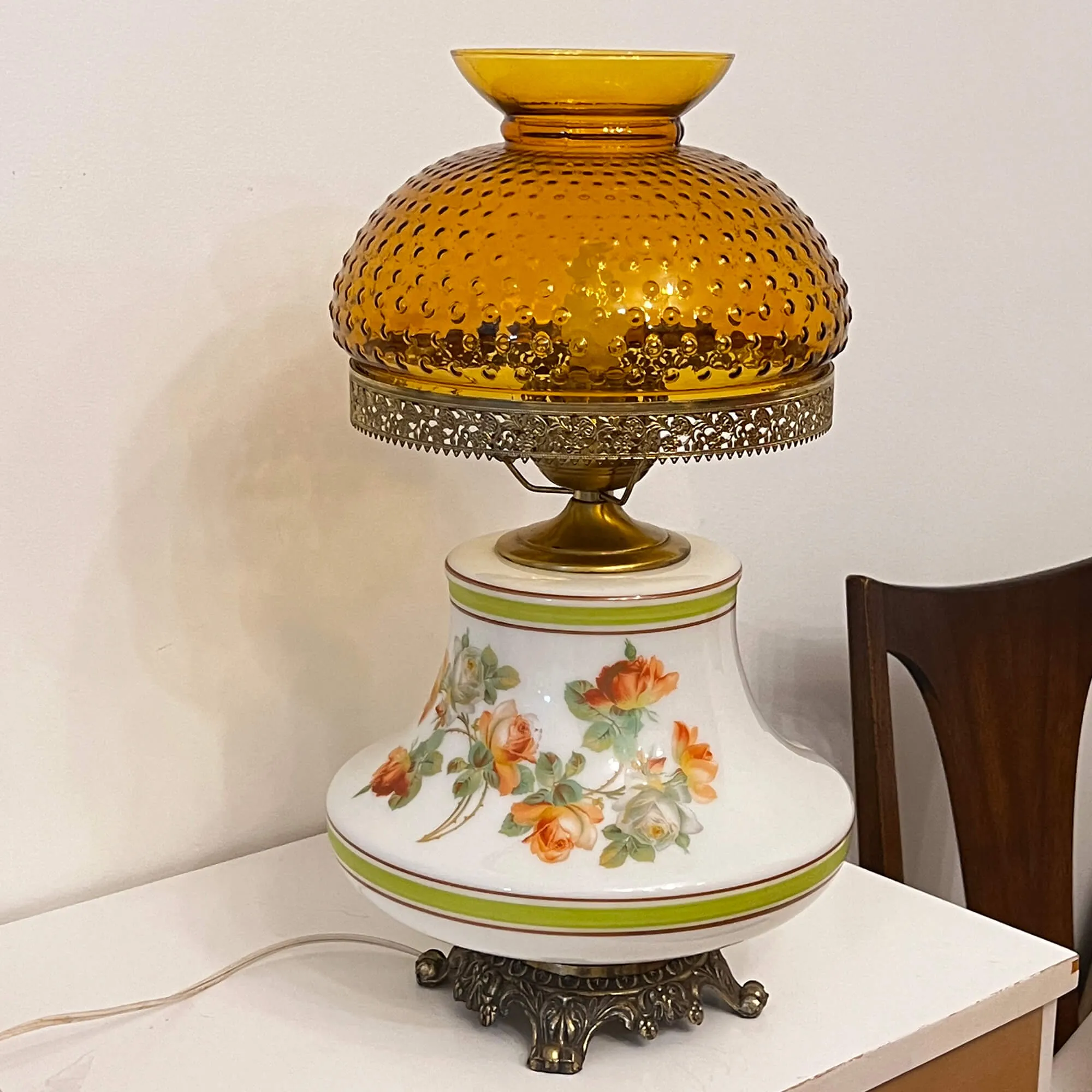 Vintage White Floral Hurricane Lamp, Amber Hobnail Glass Shade