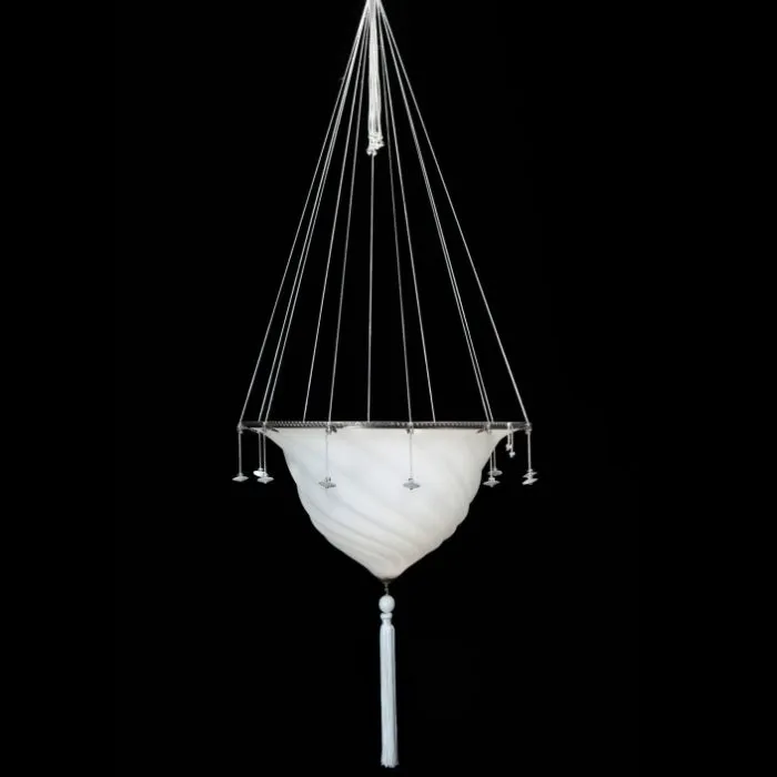 White Murano Glass Ceiling Pendant In The Fortuny Style With Beads & Tassels