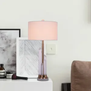 White Nightstand Lamp with Crystal Deco - Simple Drum Living Room Table Light