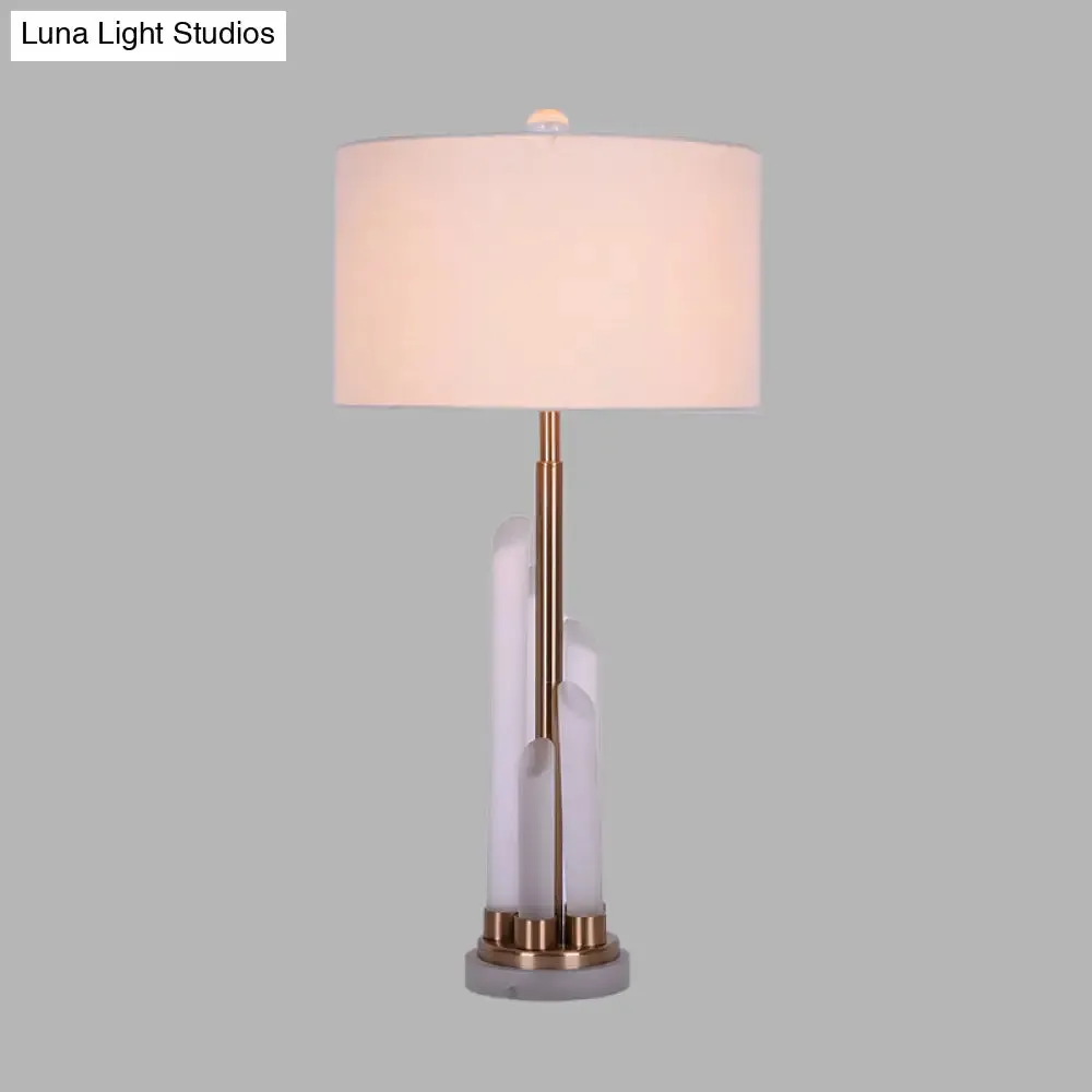 White Nightstand Lamp with Crystal Deco - Simple Drum Living Room Table Light