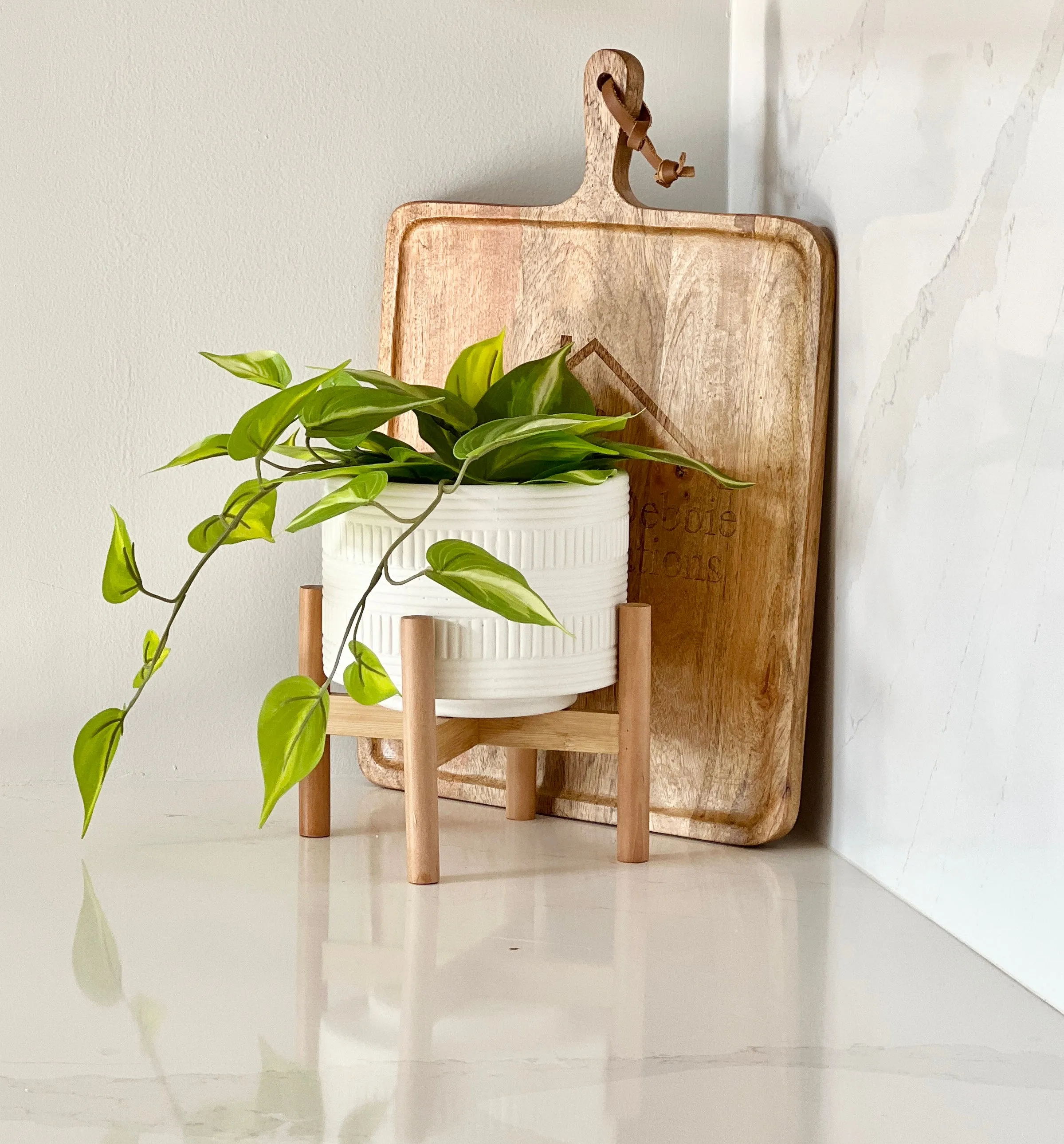 White plant pot with stand | Ceramic planter pot with wood stand for indoors | Bamboo Plant stand with pot. Plant not included  |  White Planter pot is 7.25" wide x 5.75" high