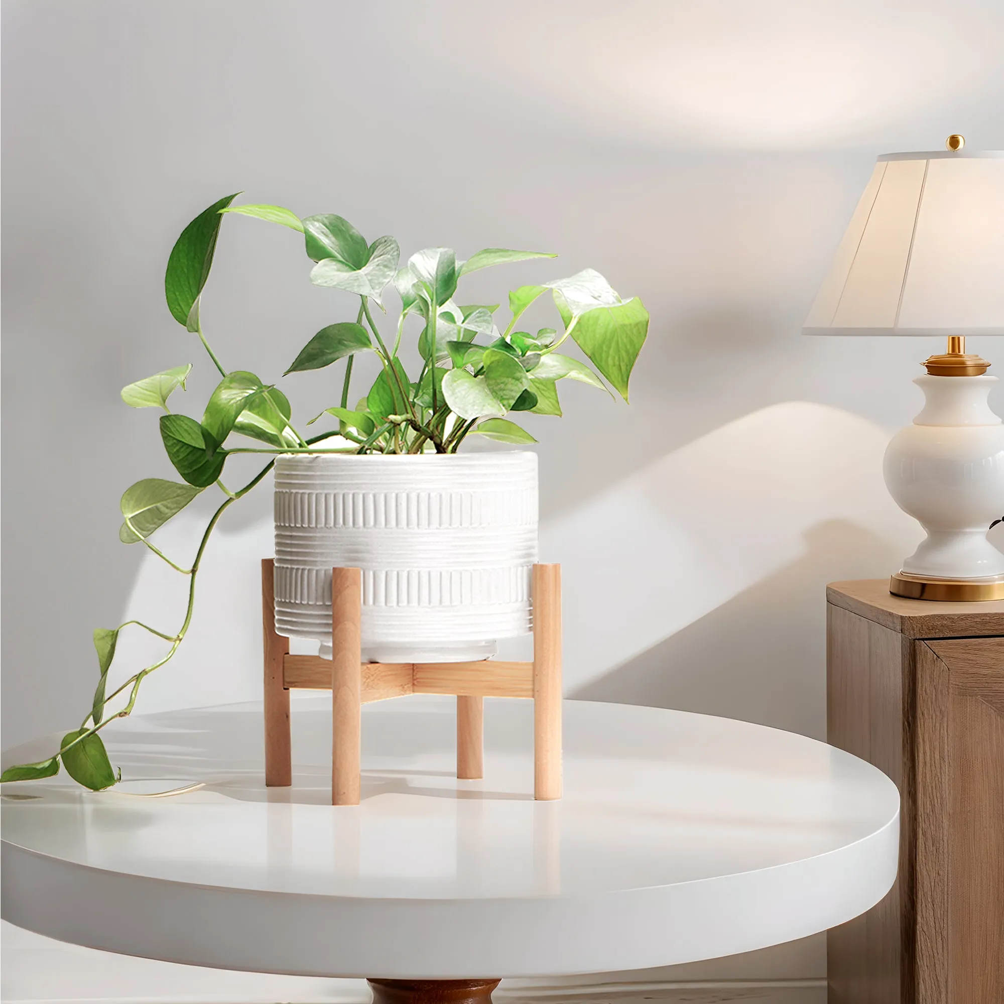 White plant pot with stand | Ceramic planter pot with wood stand for indoors | Bamboo Plant stand with pot. Plant not included  |  White Planter pot is 7.25" wide x 5.75" high