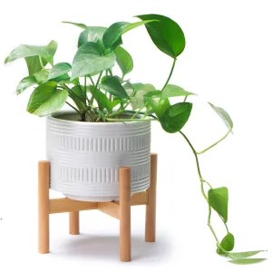 White plant pot with stand | Ceramic planter pot with wood stand for indoors | Bamboo Plant stand with pot. Plant not included  |  White Planter pot is 7.25" wide x 5.75" high