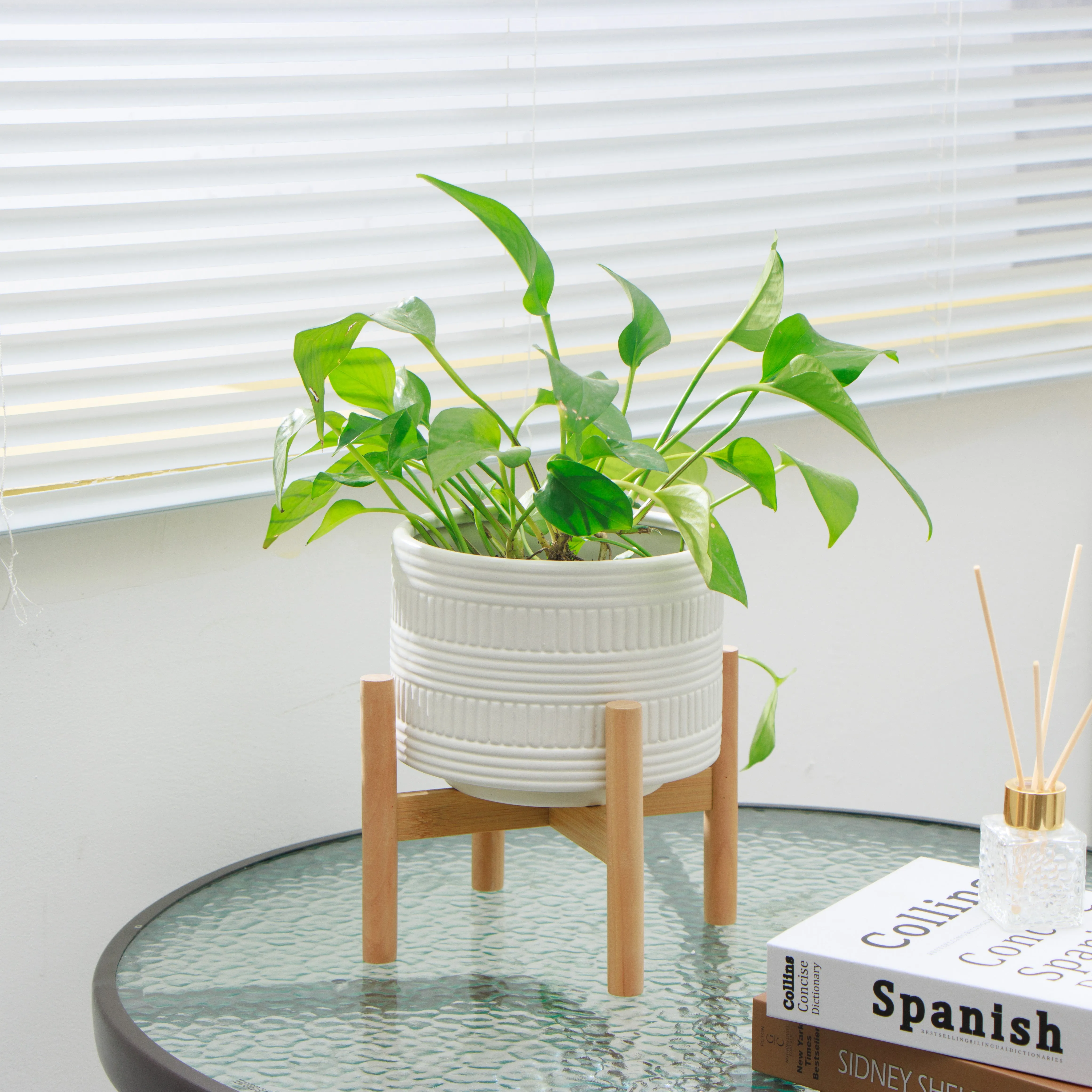 White plant pot with stand | Ceramic planter pot with wood stand for indoors | Bamboo Plant stand with pot. Plant not included  |  White Planter pot is 7.25" wide x 5.75" high