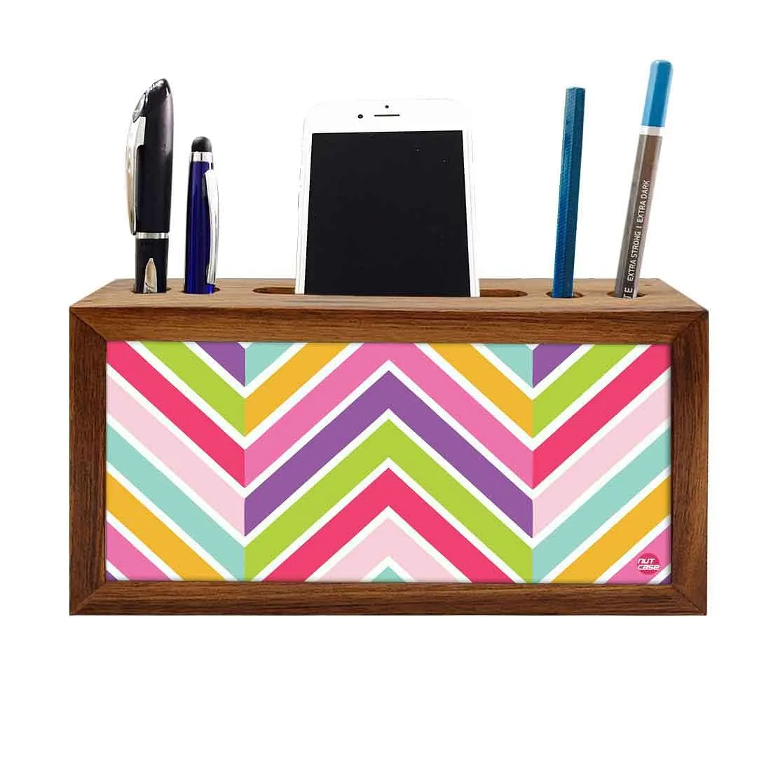 Wood desktop organizer Pen Mobile Stand - Colorful Lines